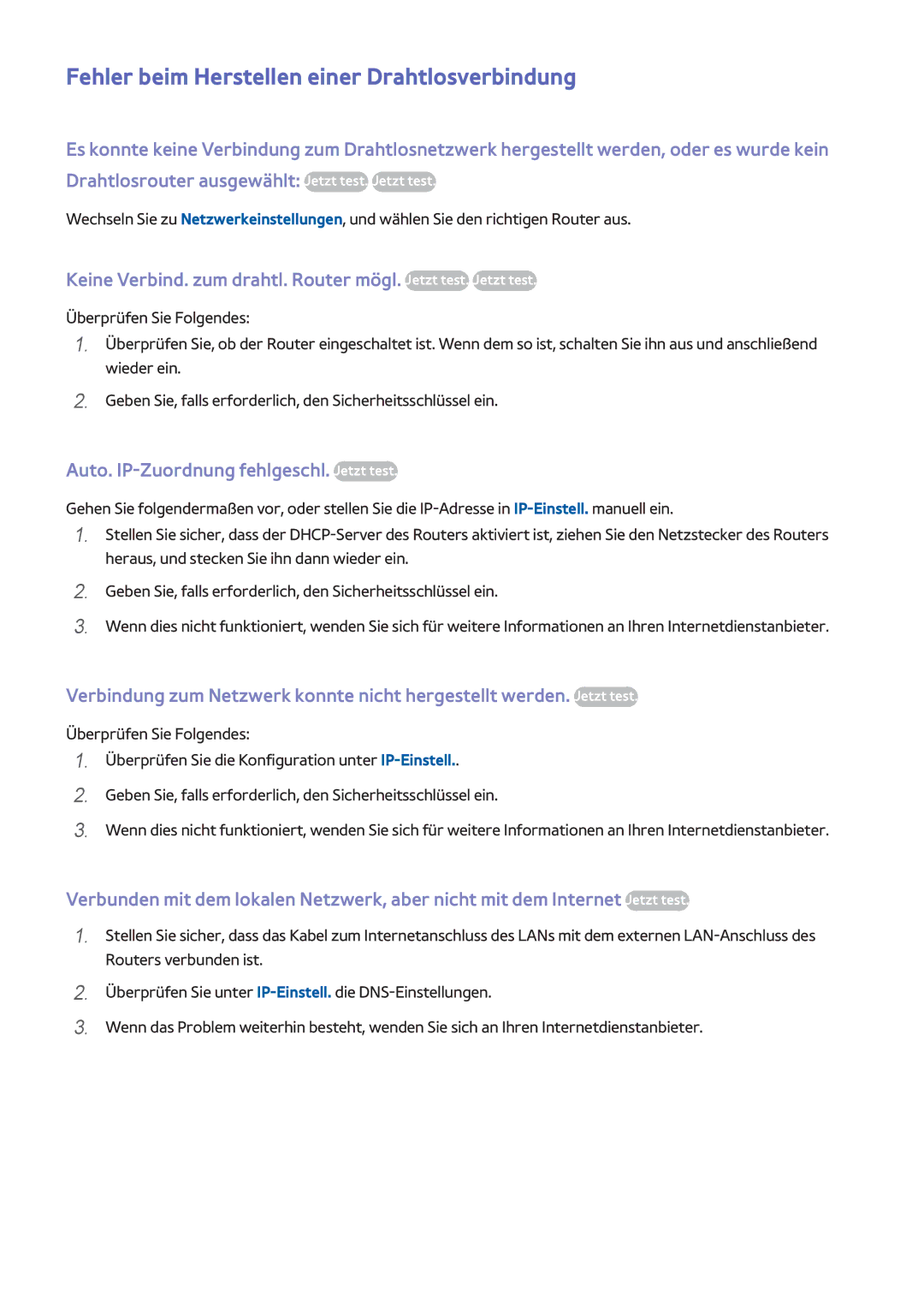 Samsung UE46F8500SLXXN manual Fehler beim Herstellen einer Drahtlosverbindung, Auto. IP-Zuordnung fehlgeschl. Jetzt test 