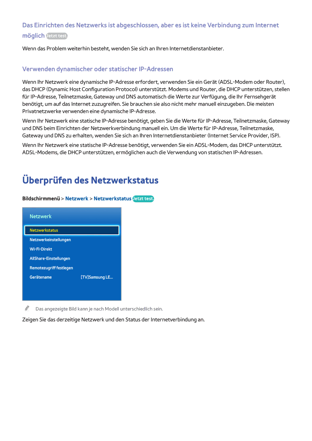 Samsung UE55F8000SLXXC, UE65F9000SLXXC Überprüfen des Netzwerkstatus, Verwenden dynamischer oder statischer IP-Adressen 