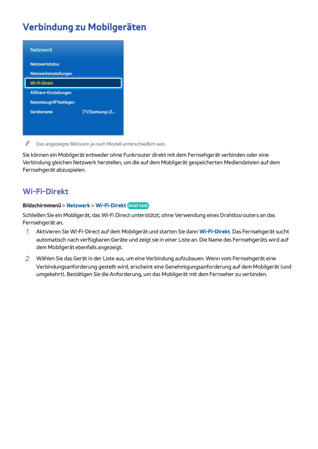Samsung UE75F8000SLXXN, UE65F9000SLXXC Verbindung zu Mobilgeräten, Bildschirmmenü Netzwerk Wi-Fi-Direkt Jetzt test 