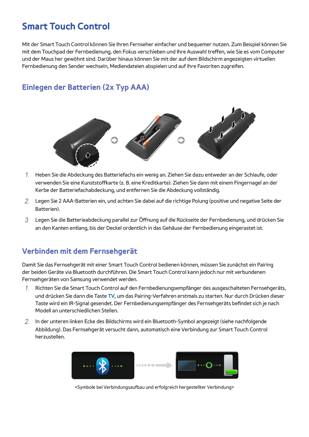 Samsung UE55F7000SLXXH, UE85S9STXZG Smart Touch Control, Einlegen der Batterien 2x Typ AAA, Verbinden mit dem Fernsehgerät 