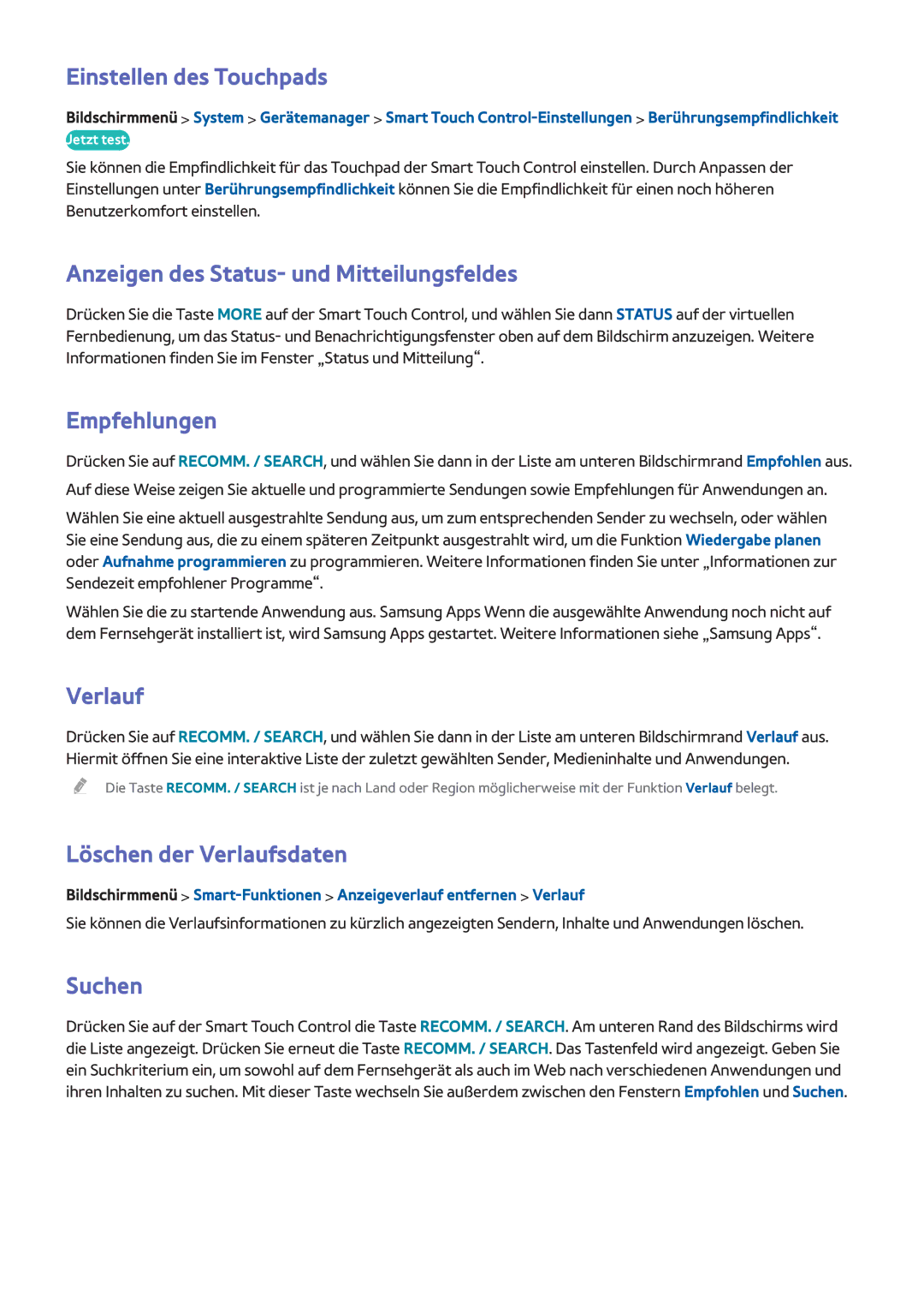 Samsung UE40F7000SLXZF Einstellen des Touchpads, Anzeigen des Status- und Mitteilungsfeldes, Empfehlungen, Verlauf, Suchen 