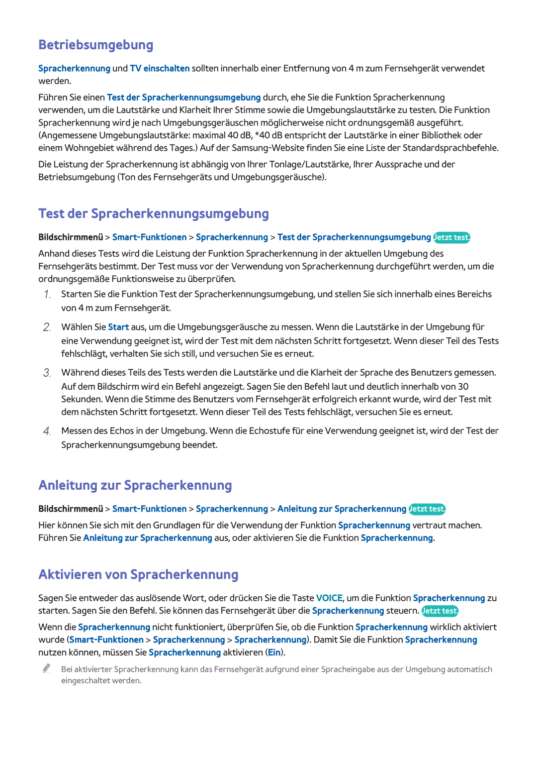 Samsung UE55F7000SLXTK, UE65F9000SLXXC Betriebsumgebung, Test der Spracherkennungsumgebung, Anleitung zur Spracherkennung 