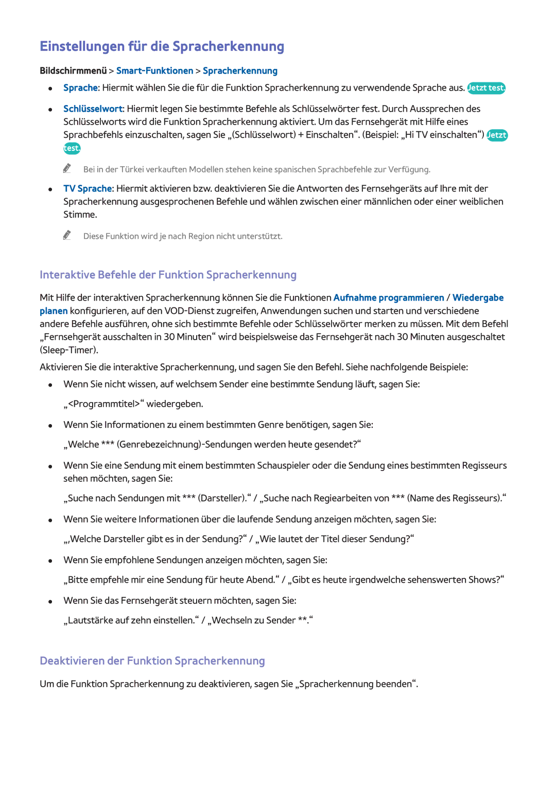 Samsung UE60F7000SLXTK manual Einstellungen für die Spracherkennung, Interaktive Befehle der Funktion Spracherkennung 