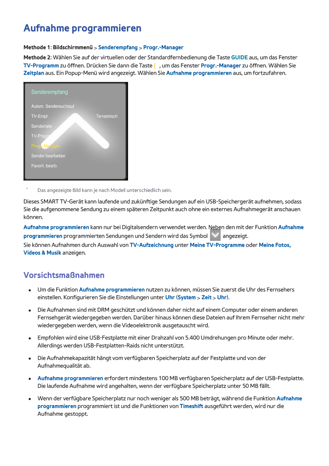 Samsung UE46F8000SLXTK, UE65F9000SLXXC manual Aufnahme programmieren, Methode 1 Bildschirmmenü Senderempfang Progr.-Manager 