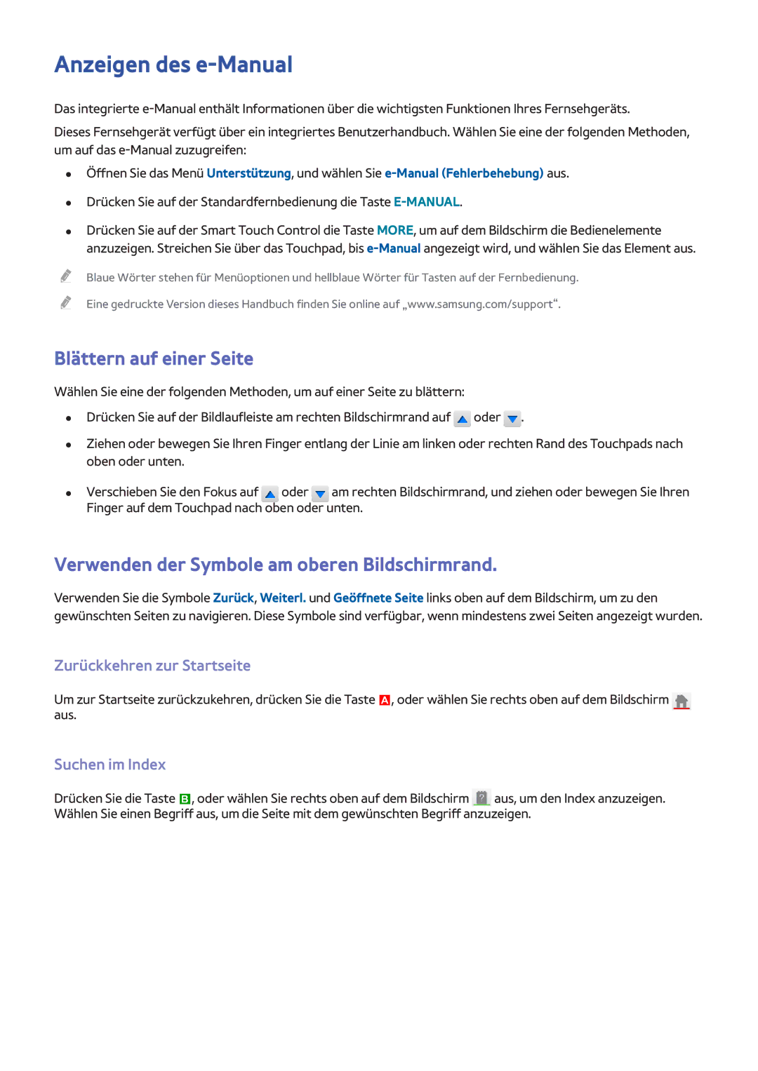 Samsung UE46F7000SLXXH Anzeigen des e-Manual, Blättern auf einer Seite, Verwenden der Symbole am oberen Bildschirmrand 
