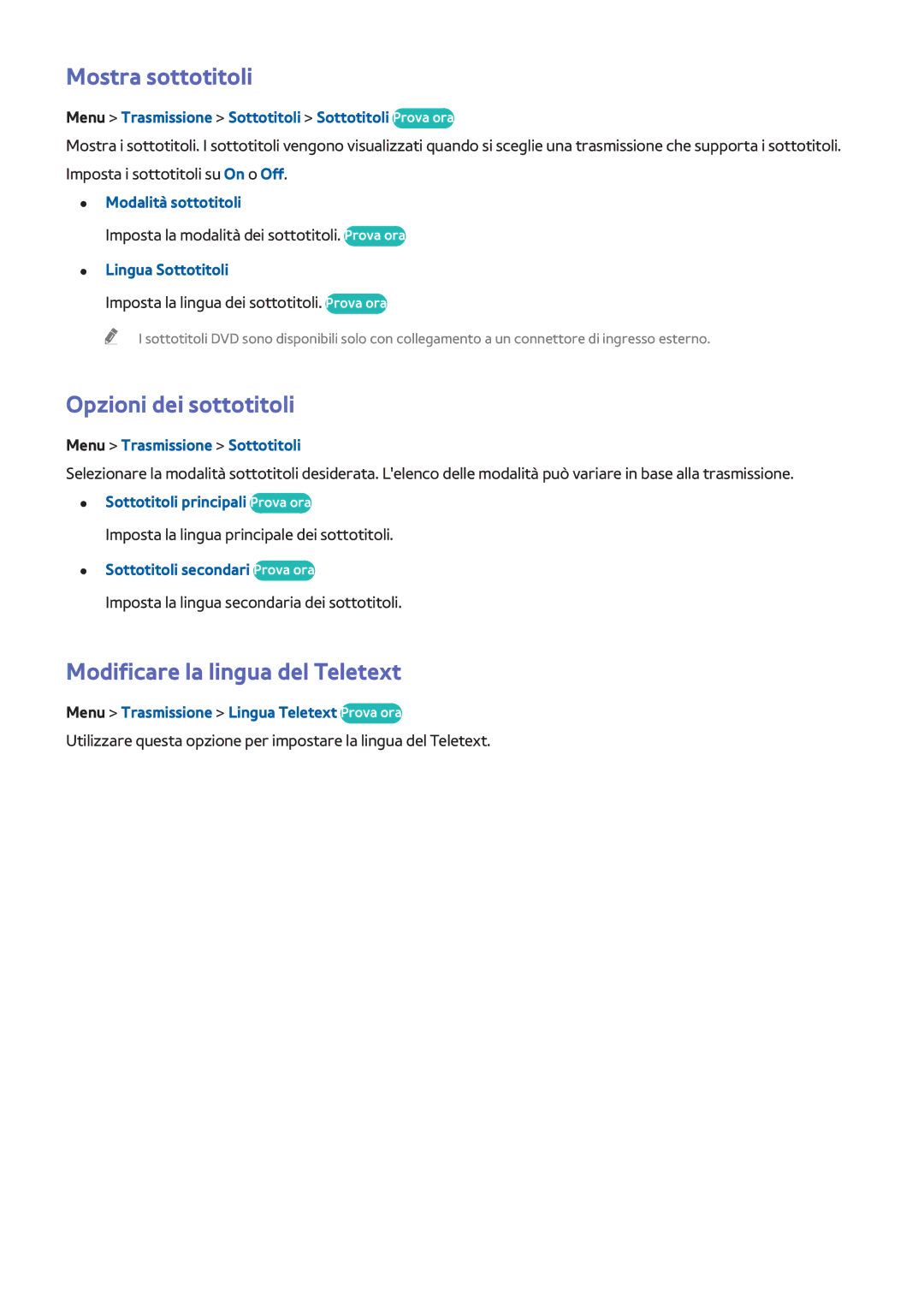 Samsung UE65F9000SZXZT, UE65F9000SLXXC manual Mostra sottotitoli, Opzioni dei sottotitoli, Modificare la lingua del Teletext 