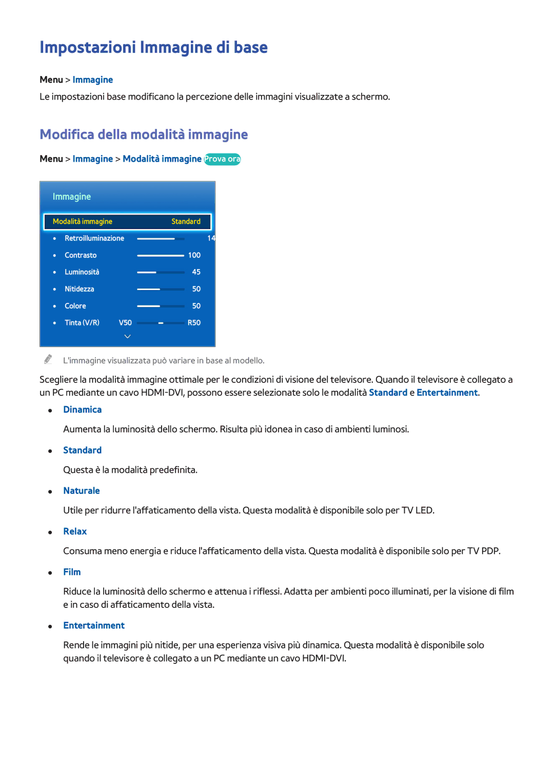 Samsung UE60F7000SZXZT, UE65F9000SLXXC, UE46F8000SLXXN manual Impostazioni Immagine di base, Modifica della modalità immagine 