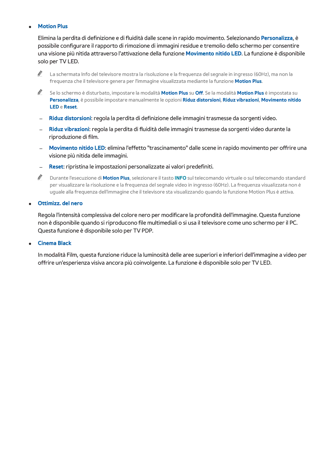 Samsung UE55F8500SZXZT, UE65F9000SLXXC, UE46F8000SLXXN, UE46F7000SLXXH manual Motion Plus, Ottimizz. del nero, Cinema Black 