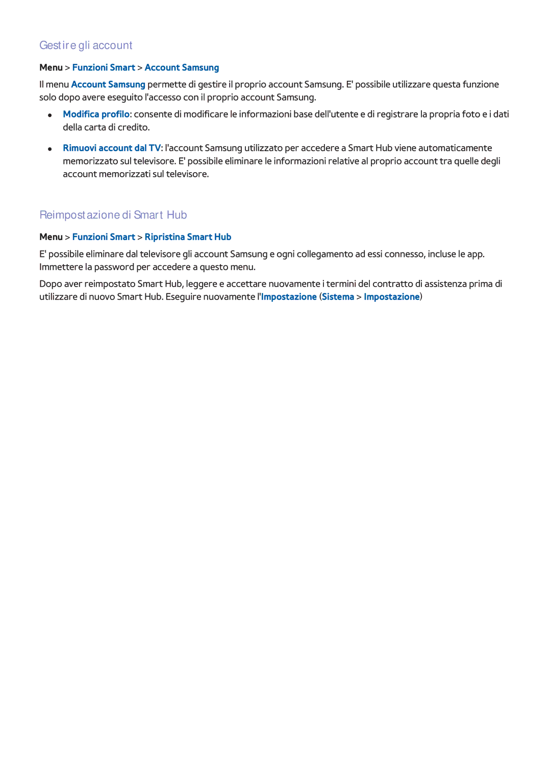 Samsung UE46F8500SZXZT, UE85S9SZXZT Gestire gli account, Reimpostazione di Smart Hub, Menu Funzioni Smart Account Samsung 