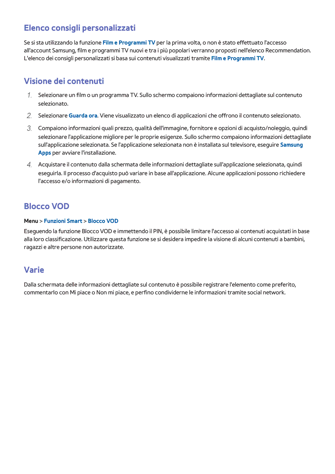 Samsung UE40F8000SLXXN, UE65F9000SLXXC manual Elenco consigli personalizzati, Visione dei contenuti, Blocco VOD, Varie 