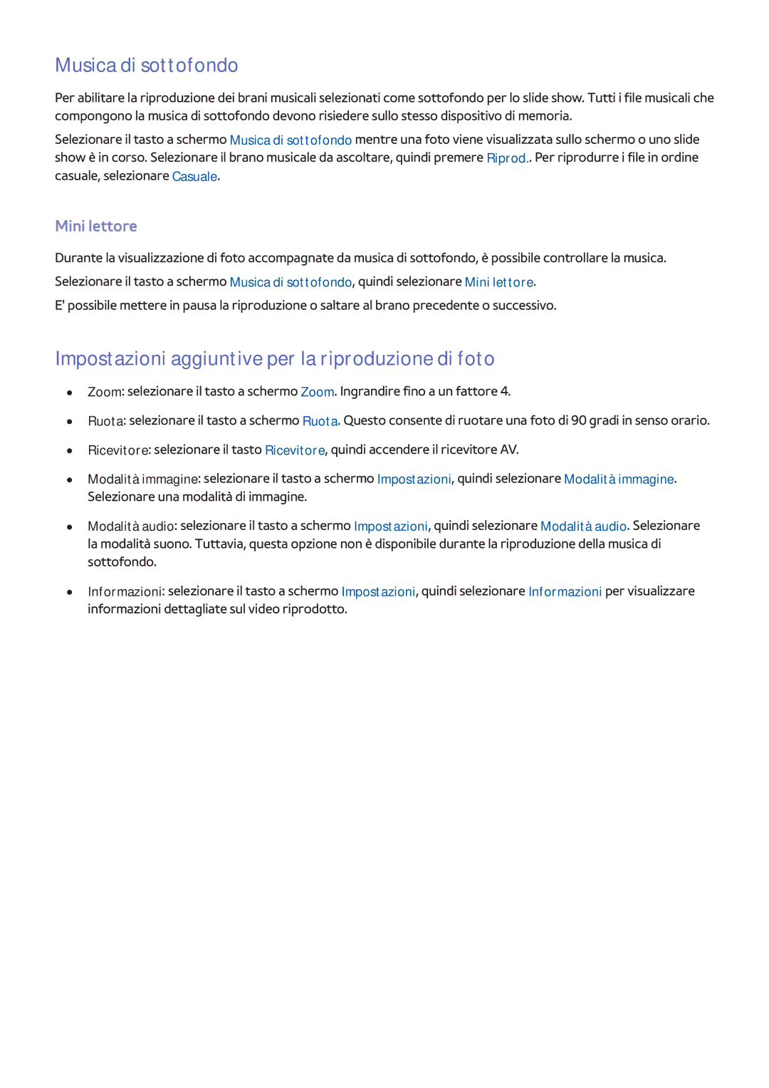 Samsung UE46F8500SZXZT manual Musica di sottofondo, Impostazioni aggiuntive per la riproduzione di foto, Mini lettore 