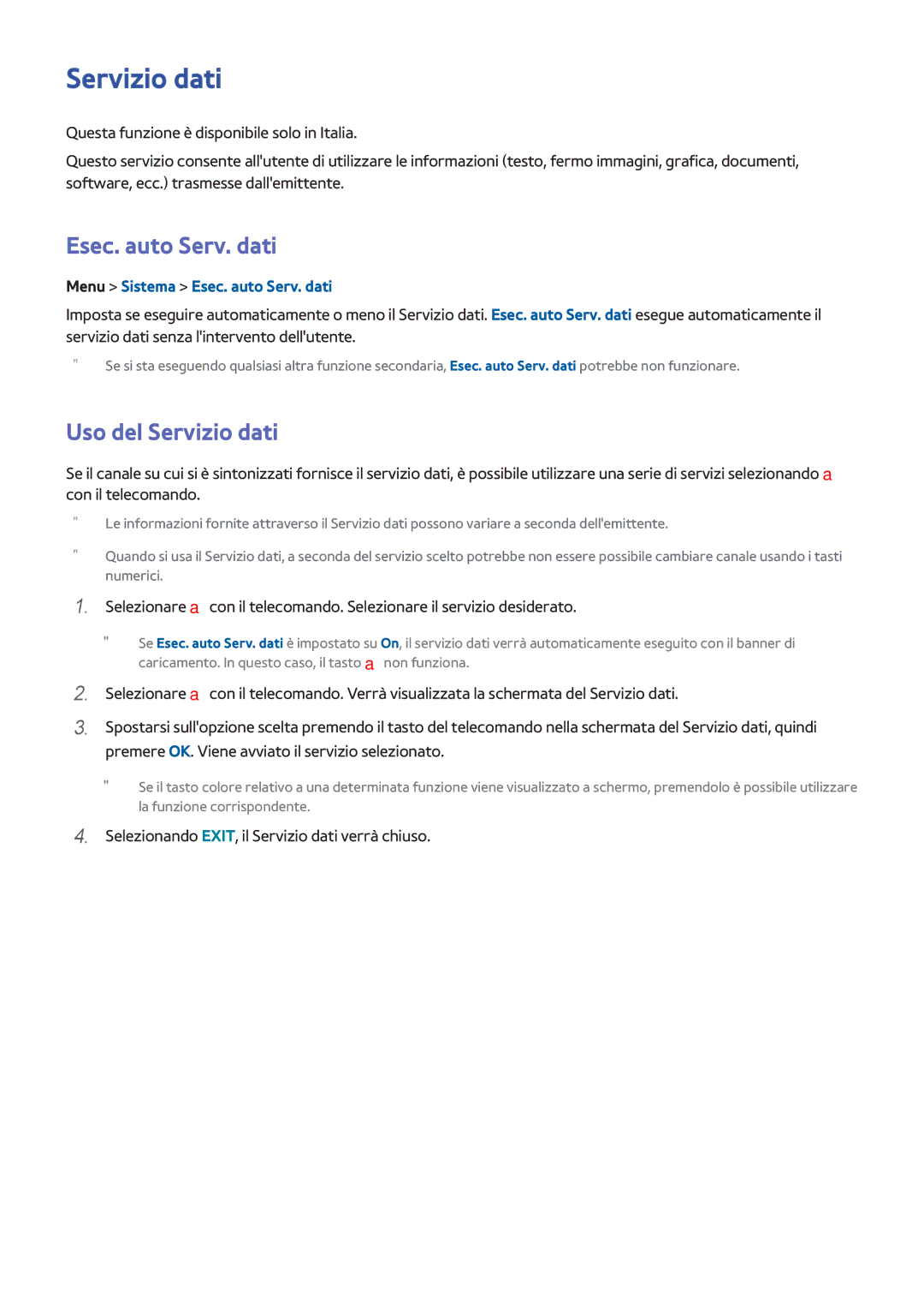 Samsung UE46F7000SZXZT, UE65F9000SLXXC, UE46F8000SLXXN Uso del Servizio dati, Menu Sistema Esec. auto Serv. dati 