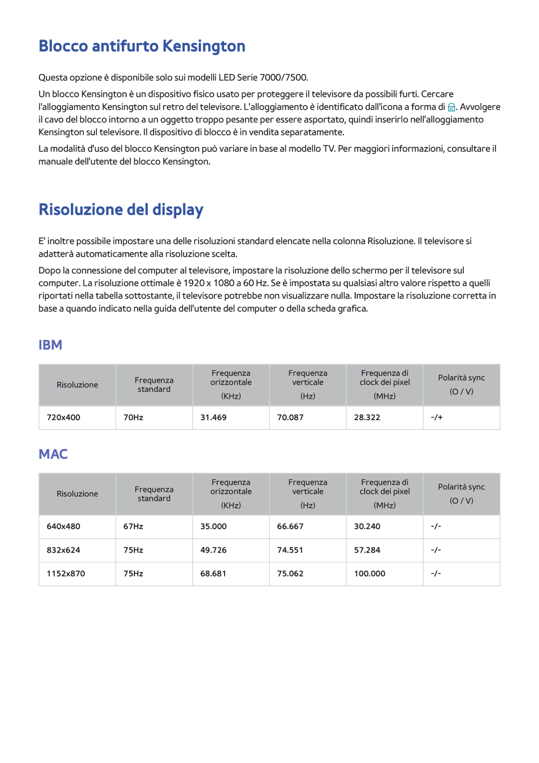 Samsung UE65F8000SLXXN, UE65F9000SLXXC, UE46F8000SLXXN, UE46F7000SLXXH Blocco antifurto Kensington, Risoluzione del display 