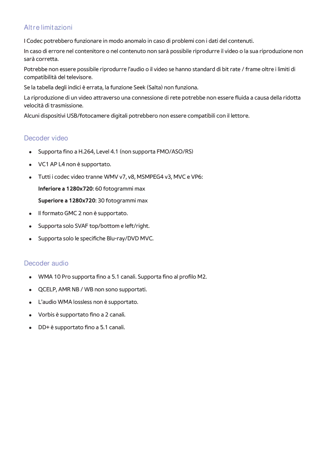 Samsung UE40F7000SZXZT, UE65F9000SLXXC, UE46F8000SLXXN, UE46F7000SLXXH manual Altre limitazioni, Decoder video, Decoder audio 