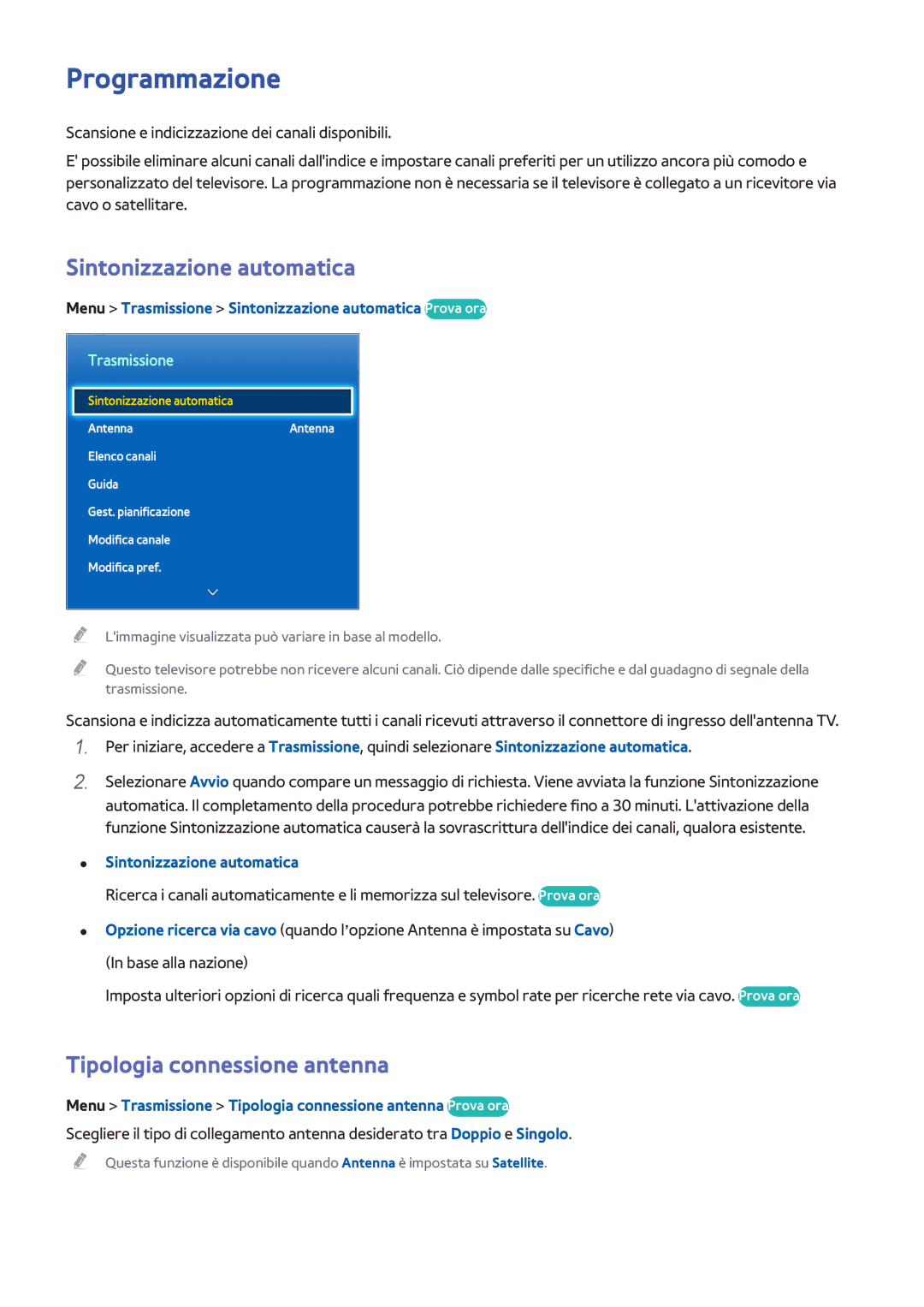 Samsung UE85S9SZXZT, UE65F9000SLXXC manual Programmazione, Sintonizzazione automatica, Tipologia connessione antenna 