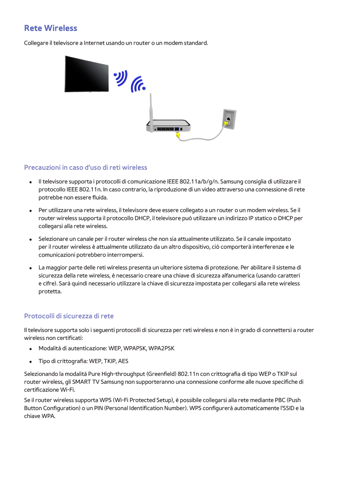 Samsung UE65F9000SLXXH manual Rete Wireless, Precauzioni in caso duso di reti wireless, Protocolli di sicurezza di rete 