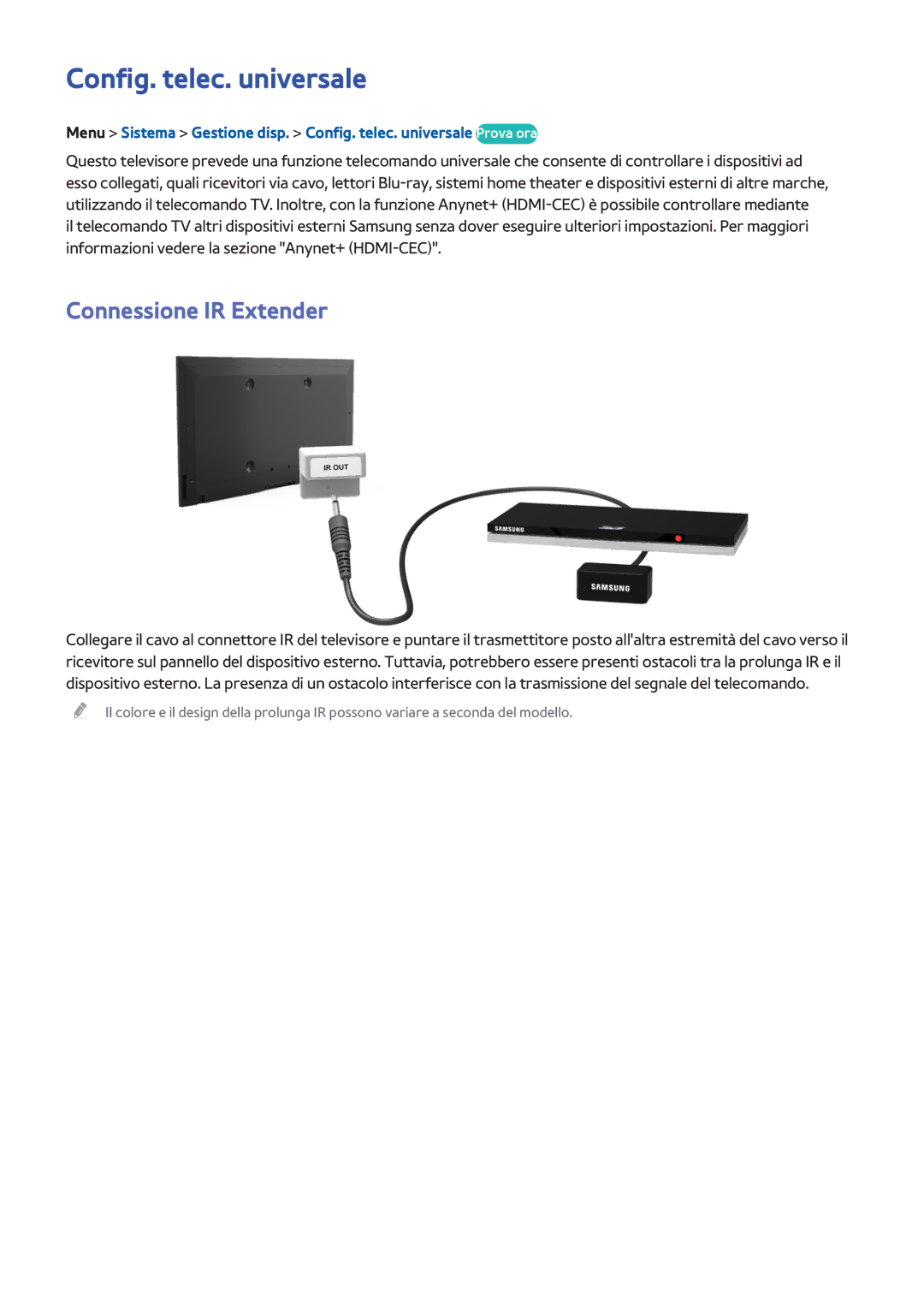 Samsung UE55F8000SLXXH, UE65F9000SLXXC, UE46F8000SLXXN, UE46F7000SLXXH Config. telec. universale, Connessione IR Extender 