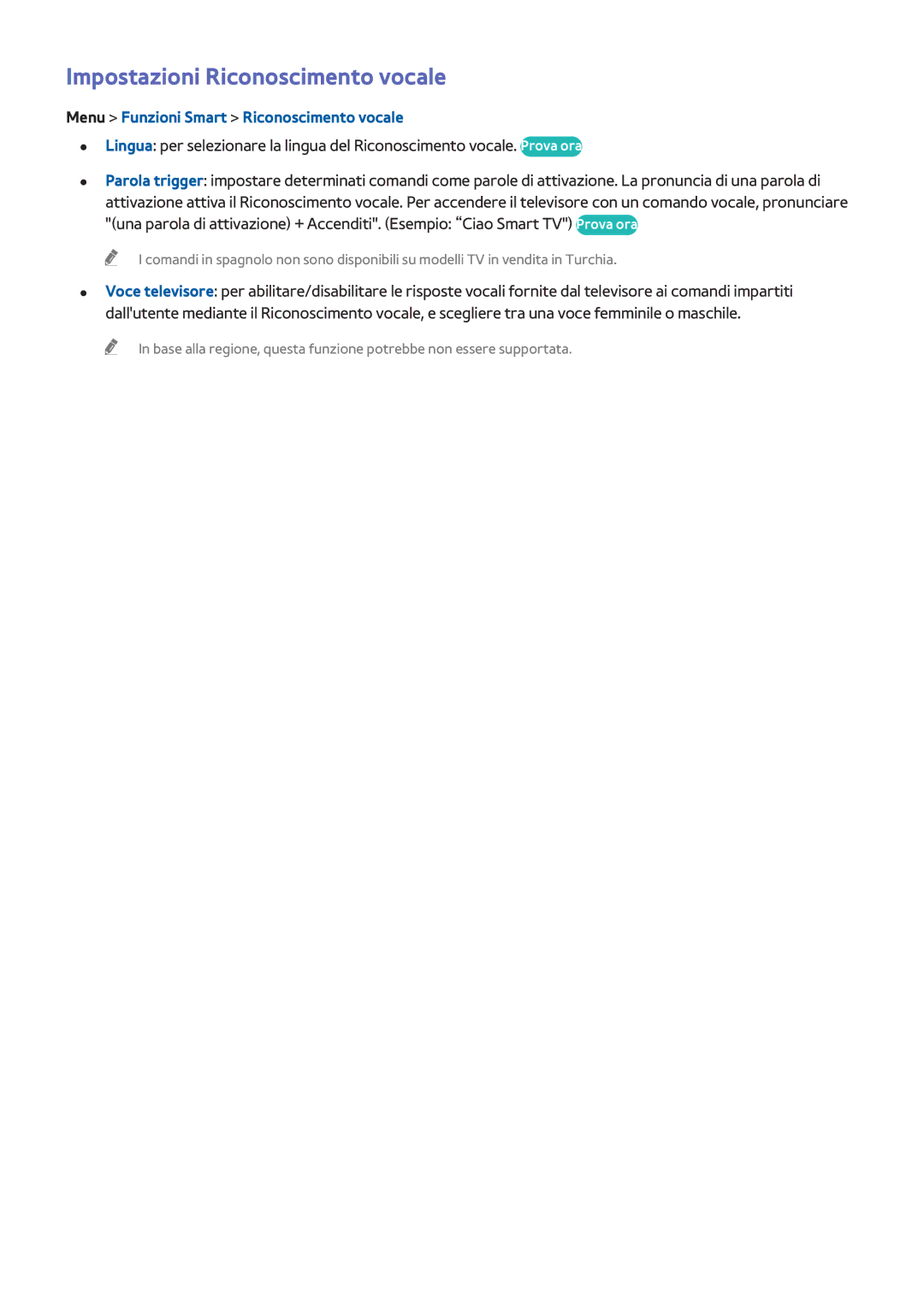 Samsung UE46F7000STXXH, UE65F9000SLXXC manual Impostazioni Riconoscimento vocale, Menu Funzioni Smart Riconoscimento vocale 