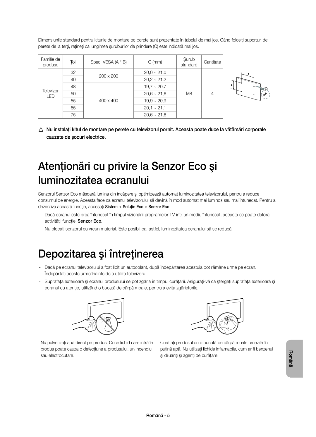 Samsung UE65H6400AKXXU, UE65H6470SSXZG, UE48H6470SSXZG, UE40H6470SSXZG, UE32H6400AWXXH manual Depozitarea şi întreţinerea 