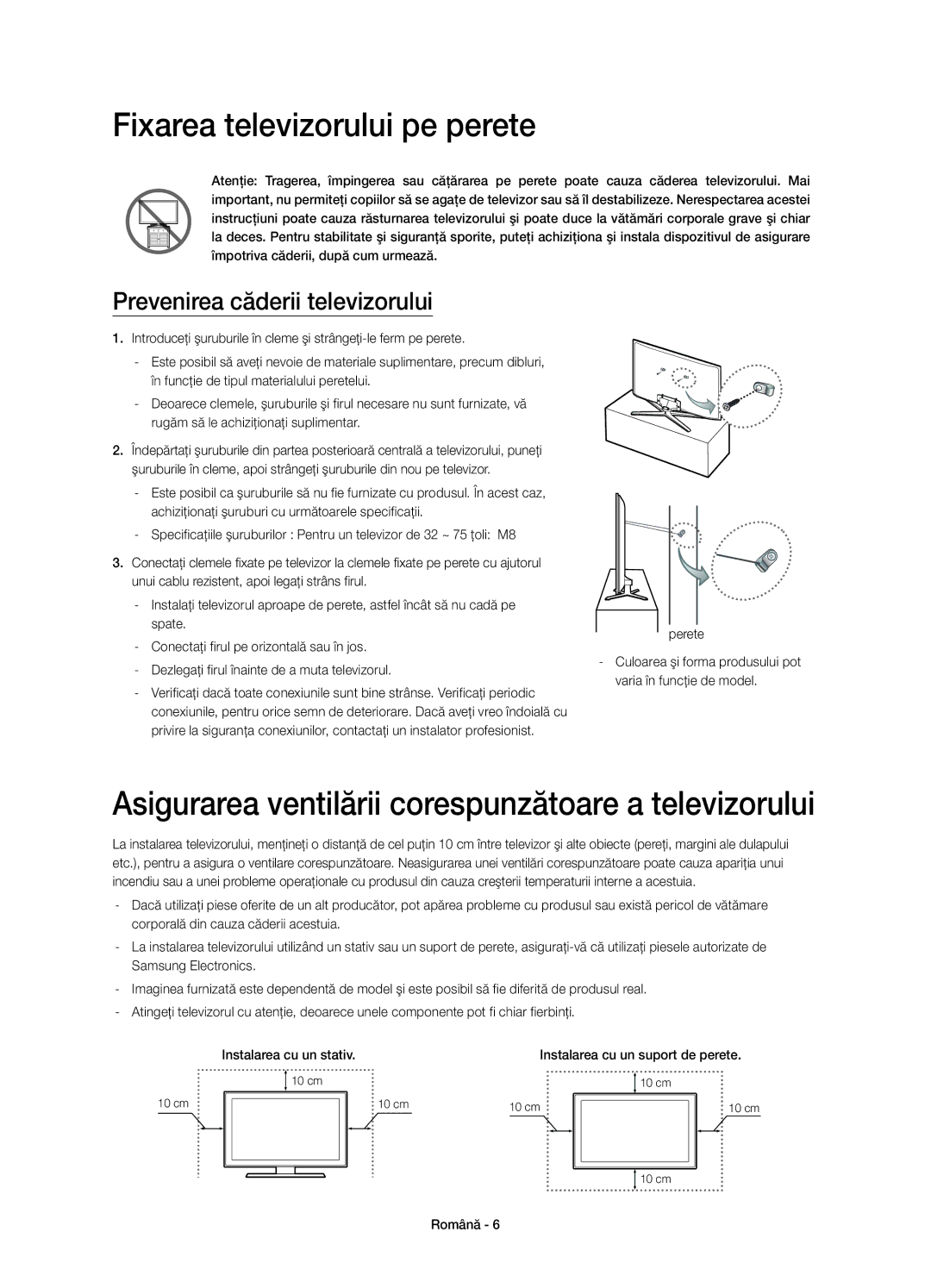 Samsung UE65H6470SSXZG manual Fixarea televizorului pe perete, Asigurarea ventilării corespunzătoare a televizorului 