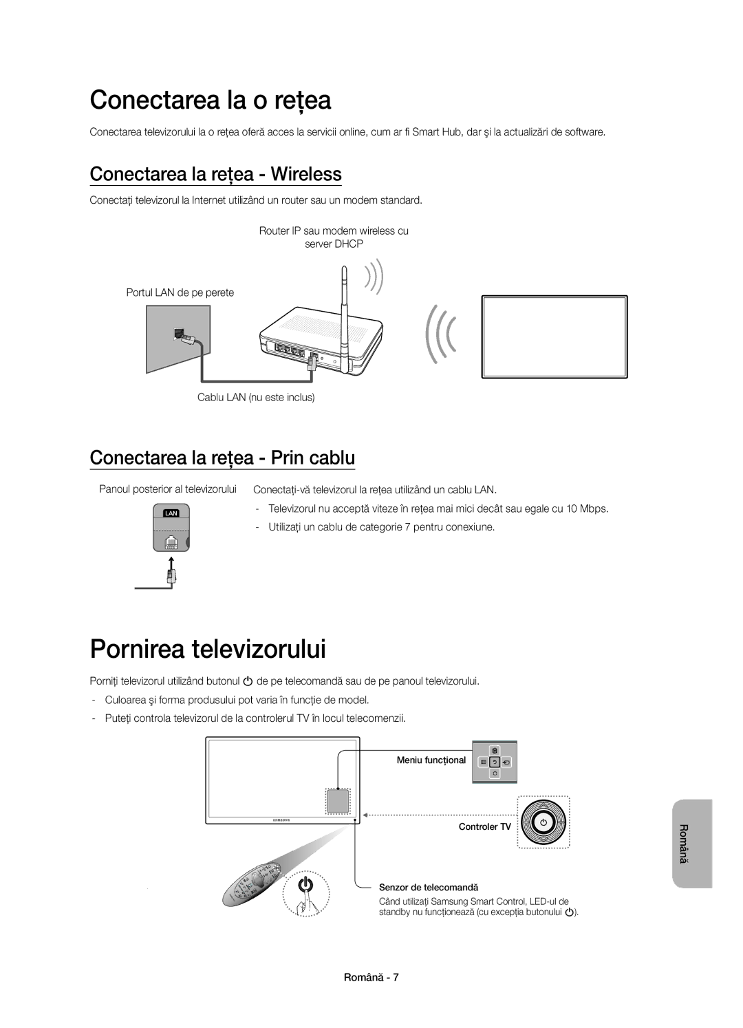 Samsung UE48H6470SSXZG, UE65H6470SSXZG manual Conectarea la o reţea, Pornirea televizorului, Conectarea la reţea Wireless 