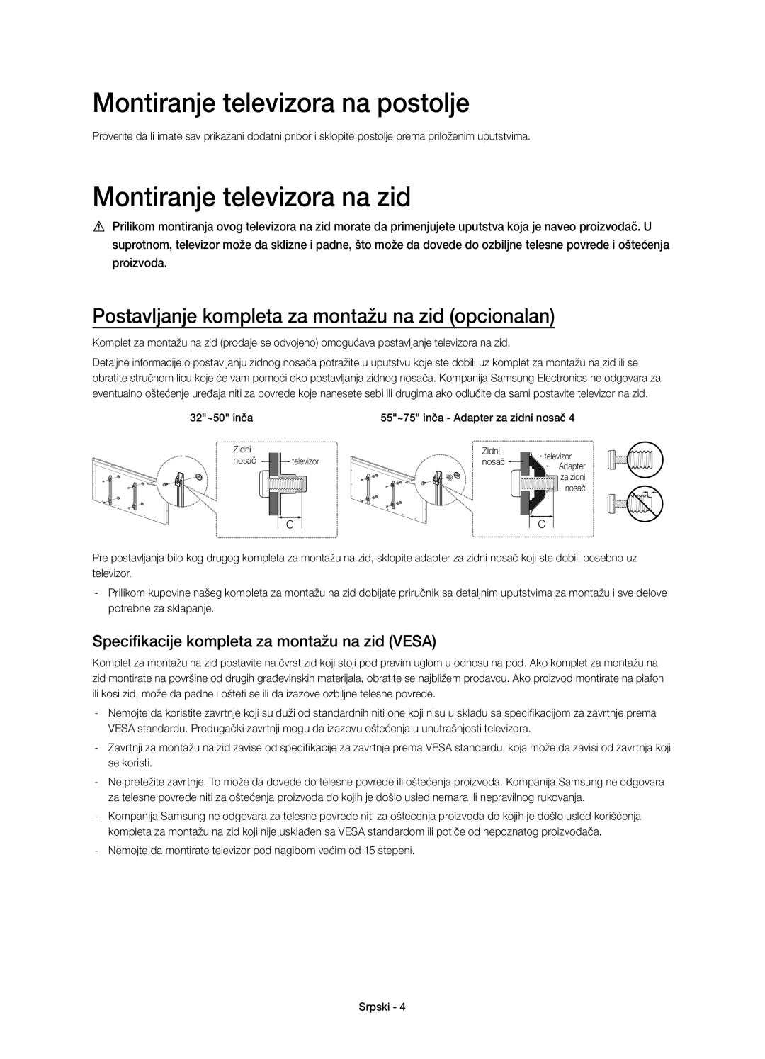 Samsung UE50H6400AWXXH manual Montiranje televizora na postolje, Postavljanje kompleta za montažu na zid opcionalan 