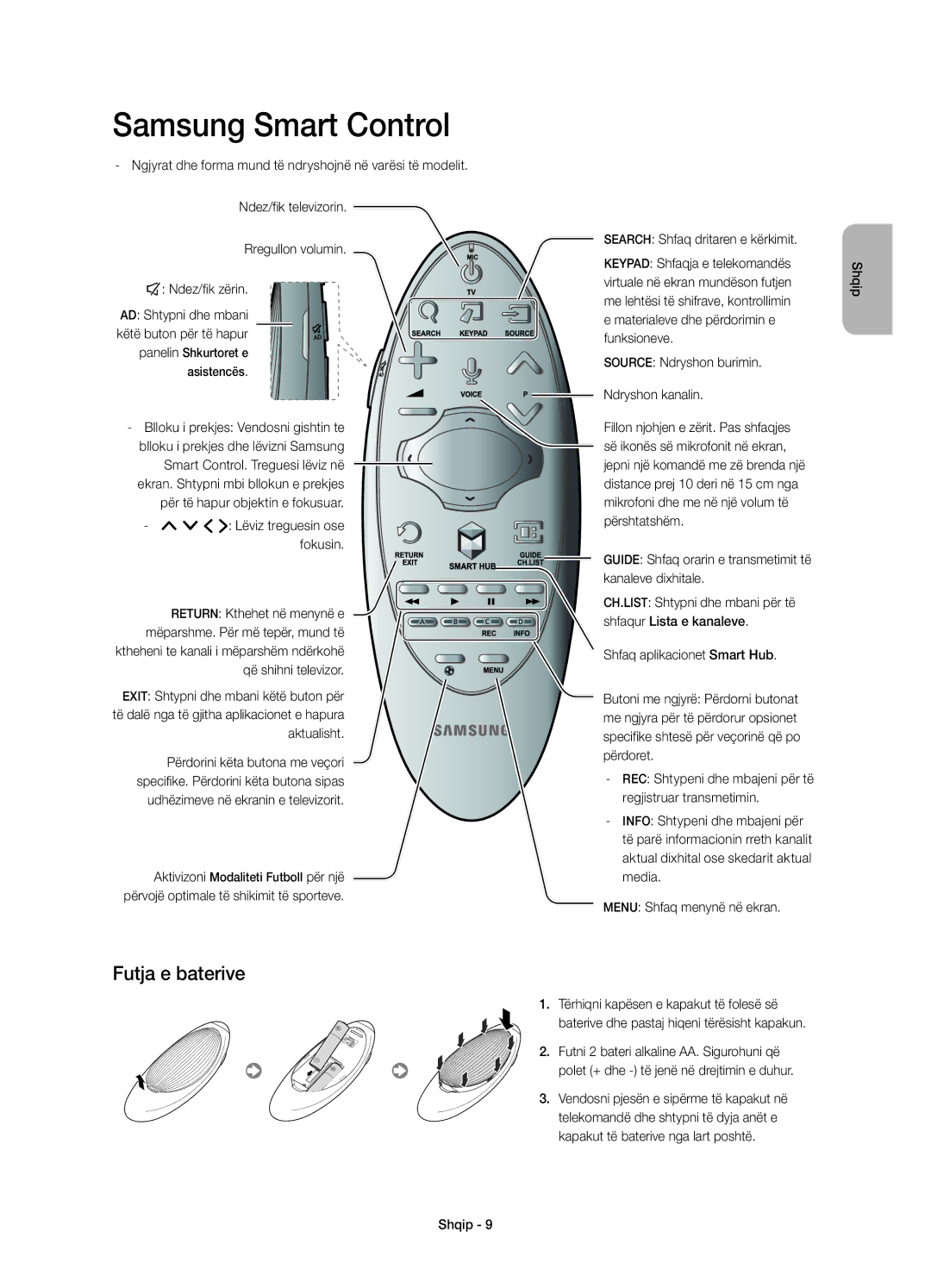 Samsung UE48H6470SSXXH manual Futja e baterive, Search Shfaq dritaren e kërkimit, Source Ndryshon burimin Ndryshon kanalin 