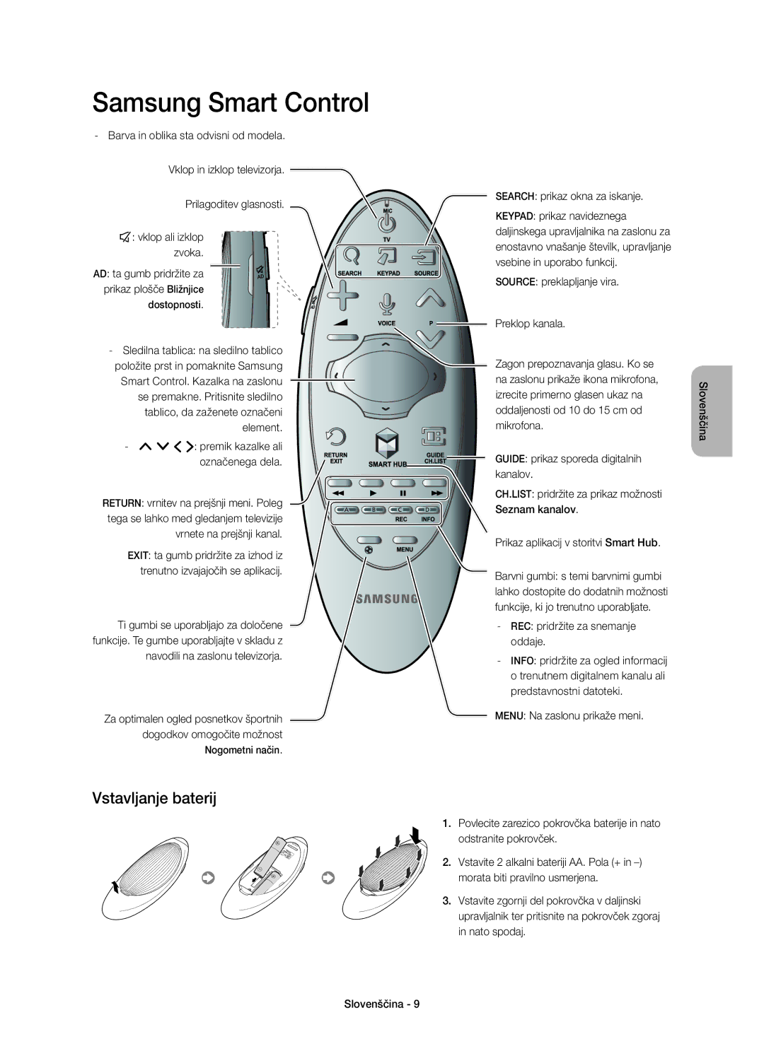 Samsung UE65H6470SSXZG manual Vstavljanje baterij, Search prikaz okna za iskanje, REC pridržite za snemanje oddaje 