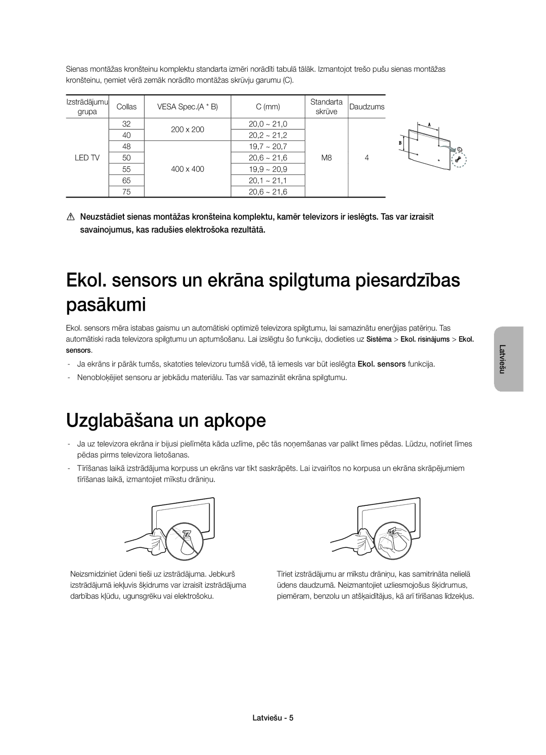 Samsung UE40H6400AWXXH, UE65H6470SSXZG manual Ekol. sensors un ekrāna spilgtuma piesardzības pasākumi, Uzglabāšana un apkope 