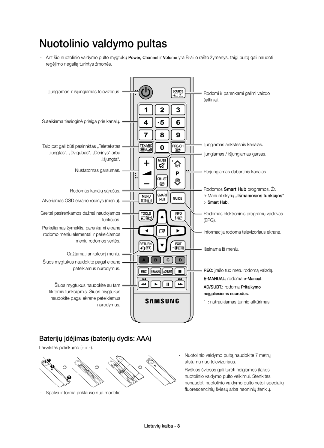 Samsung UE40H6470SSXXH, UE65H6470SSXZG, UE48H6470SSXZG manual Nuotolinio valdymo pultas, Baterijų įdėjimas baterijų dydis AAA 