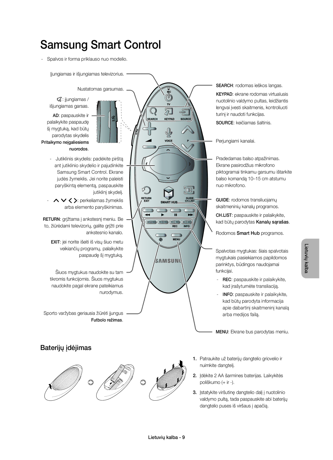 Samsung UE55H6470SSXXH, UE65H6470SSXZG manual Baterijų įdėjimas, Search rodomas ieškos langas, Rodomos Smart Hub programos 