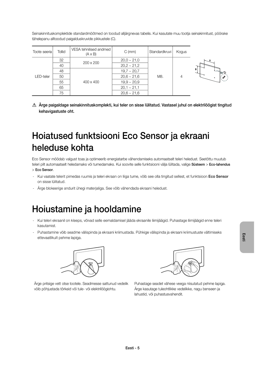 Samsung UE40H6470SSXXC manual Hoiatused funktsiooni Eco Sensor ja ekraani heleduse kohta, Hoiustamine ja hooldamine 