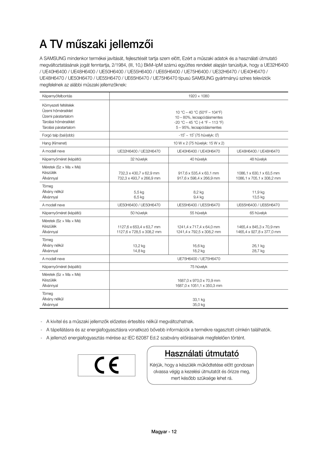 Samsung UE55H6470SSXXH, UE65H6470SSXZG, UE48H6470SSXZG, UE40H6470SSXZG manual TV műszaki jellemzői, Használati útmutató 