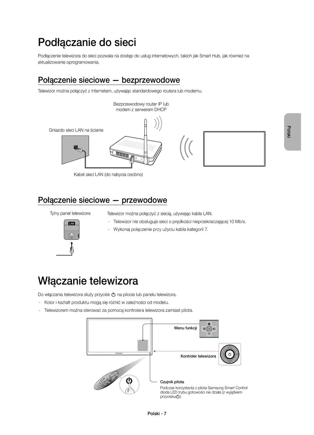 Samsung UE32H6400AWXXC, UE65H6470SSXZG manual Podłączanie do sieci, Włączanie telewizora, Połączenie sieciowe bezprzewodowe 