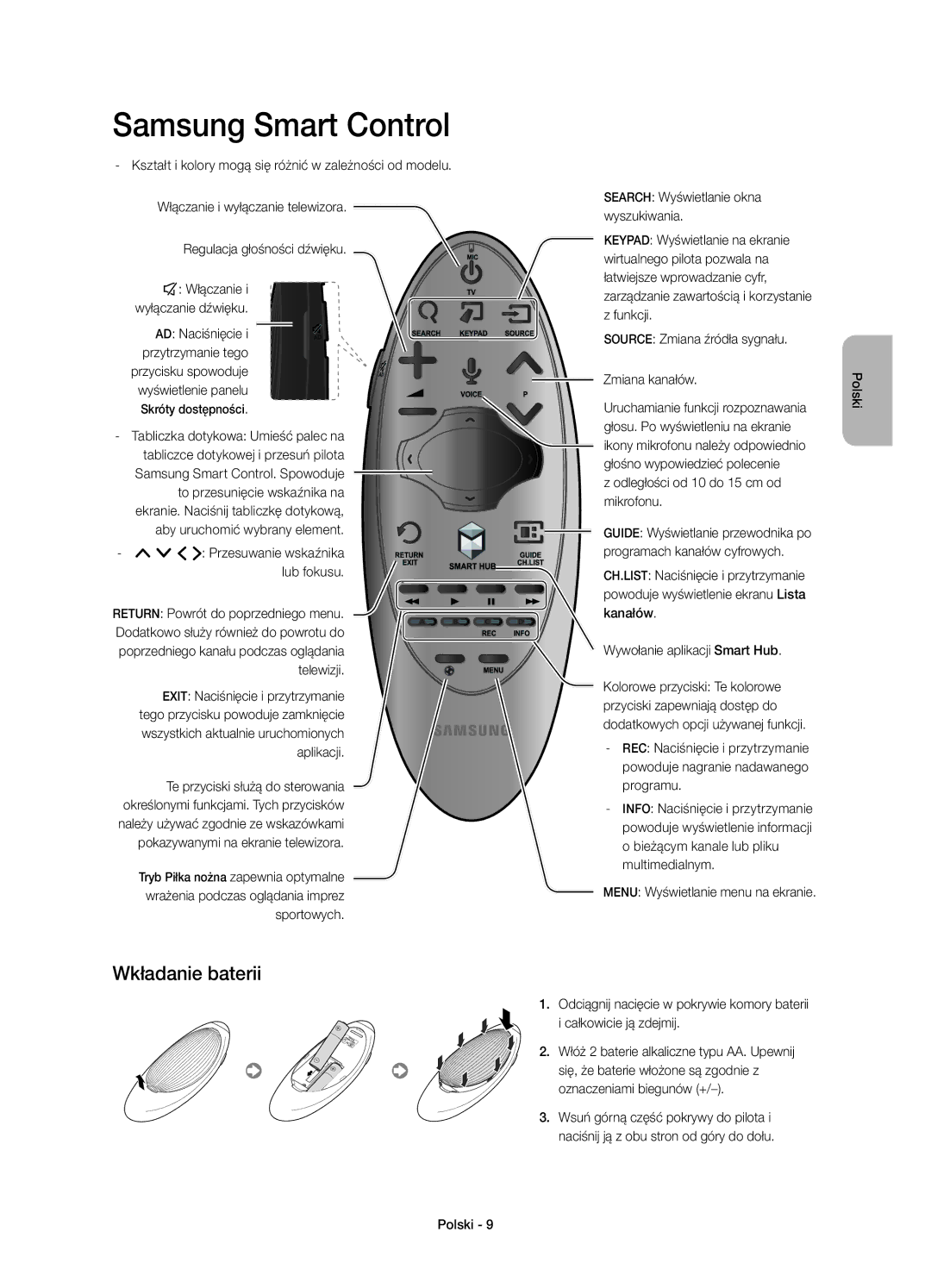 Samsung UE32H6400AKXXH manual Wkładanie baterii, Odległości od 10 do 15 cm od mikrofonu, Wywołanie aplikacji Smart Hub 