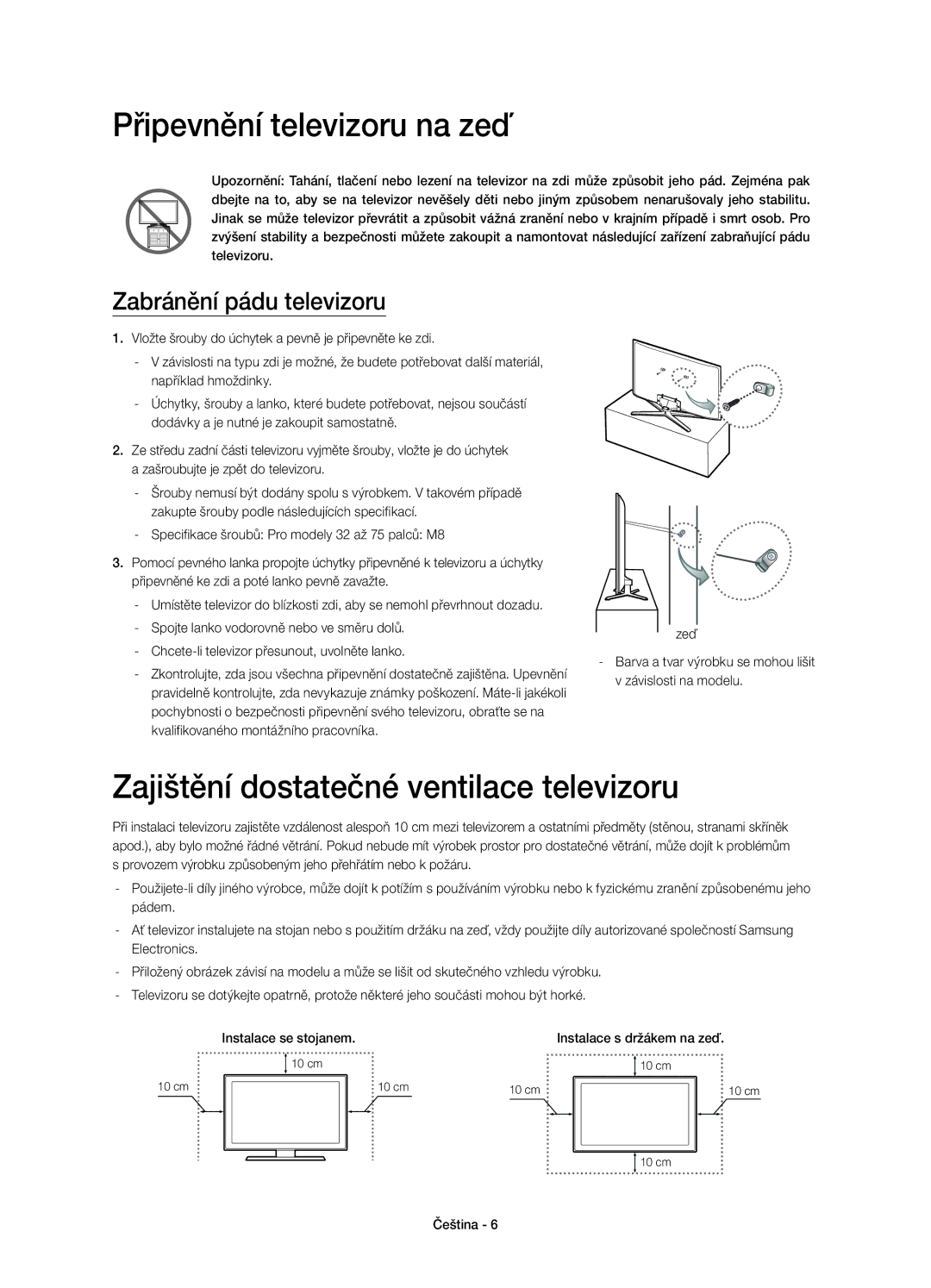 Samsung UE48H6470SSXXH Připevnění televizoru na zeď, Zajištění dostatečné ventilace televizoru, Zabránění pádu televizoru 