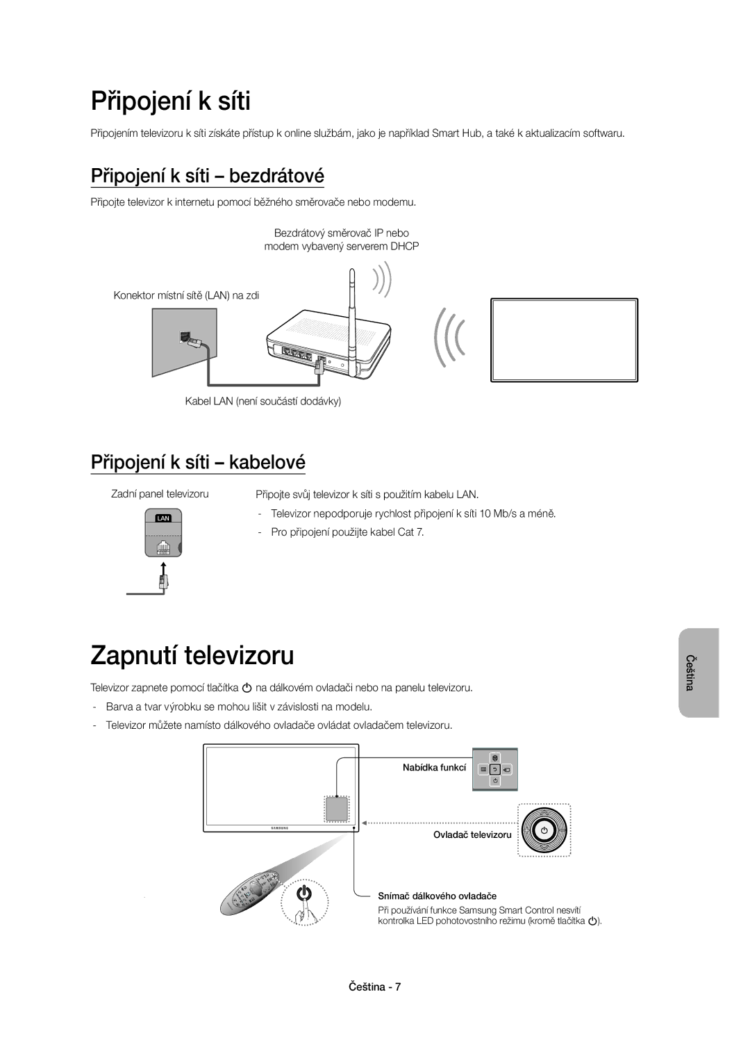 Samsung UE55H6470SSXXC, UE65H6470SSXZG manual Zapnutí televizoru, Připojení k síti bezdrátové, Připojení k síti kabelové 