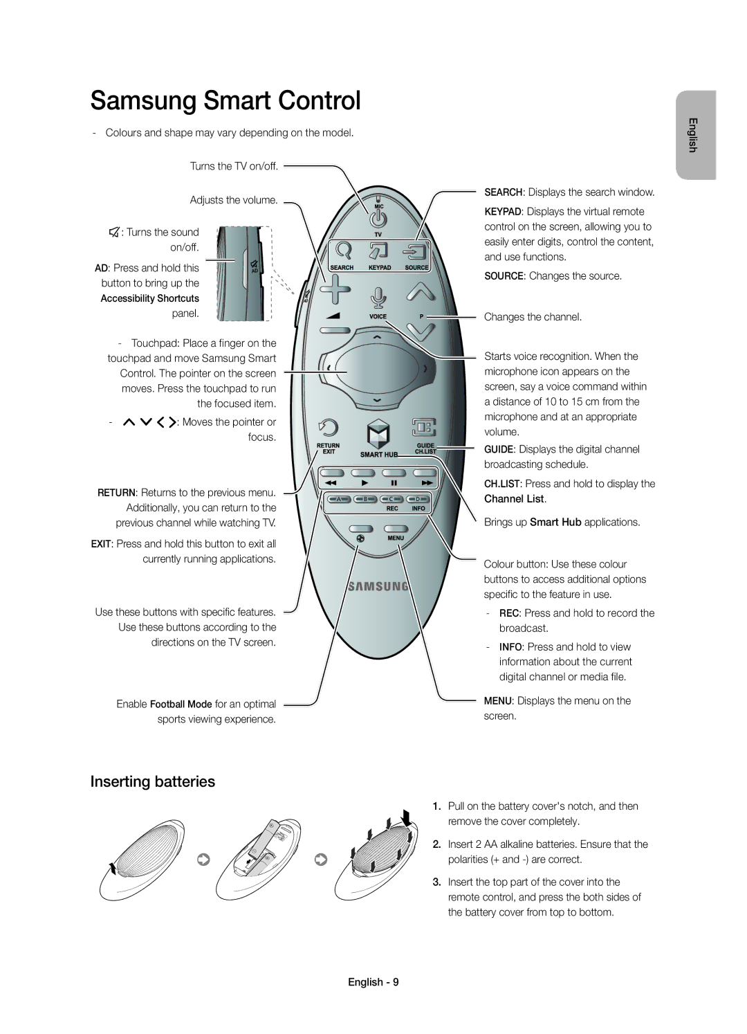 Samsung UE55H6400AWXXH, UE65H6470SSXZG manual Samsung Smart Control, Inserting batteries, Search Displays the search window 