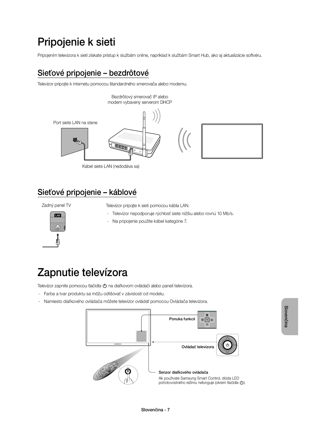 Samsung UE40H6400AKXXU Pripojenie k sieti, Zapnutie televízora, Sieťové pripojenie bezdrôtové, Sieťové pripojenie káblové 