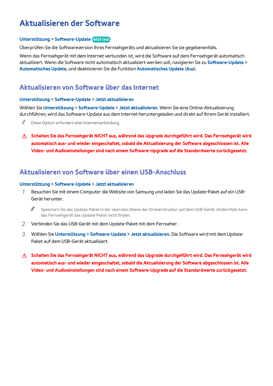 Samsung UE65H8000SLXZF, UE65H8000ALXTK manual Aktualisieren der Software, Aktualisieren von Software über das Internet 