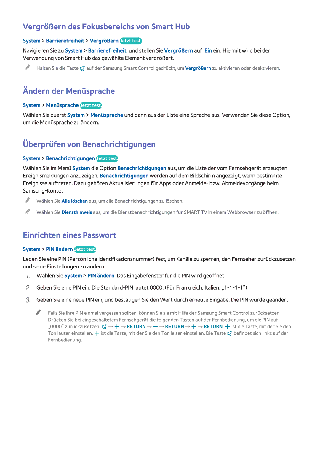 Samsung UE65H8000SLXXH manual Vergrößern des Fokusbereichs von Smart Hub, Ändern der Menüsprache, Einrichten eines Passwort 