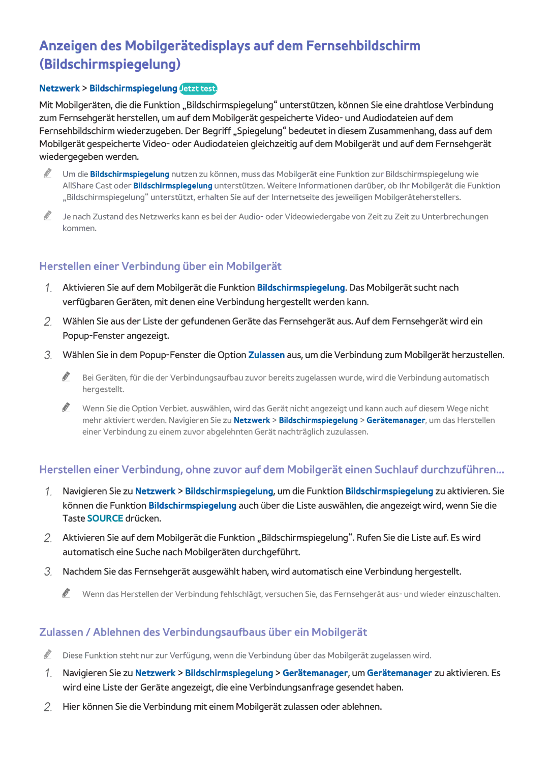 Samsung UE55H8000SLXXH manual Herstellen einer Verbindung über ein Mobilgerät, Netzwerk Bildschirmspiegelung Jetzt test 