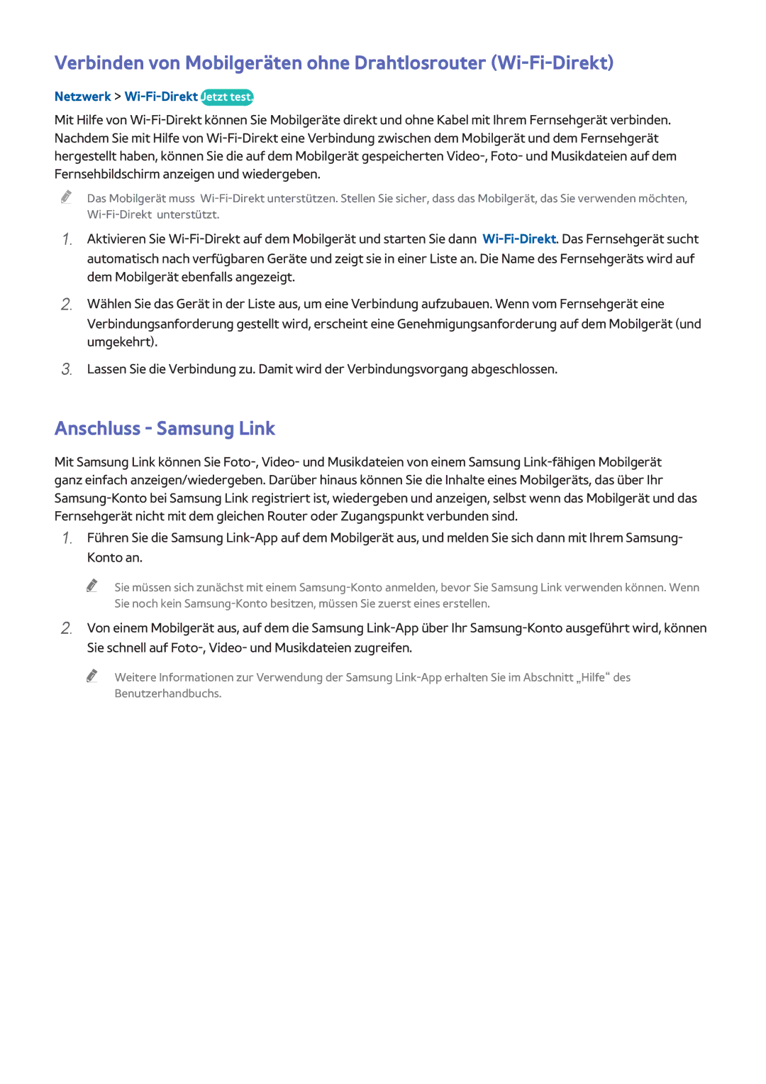 Samsung UE48H8000SLXXH manual Verbinden von Mobilgeräten ohne Drahtlosrouter Wi-Fi-Direkt, Netzwerk Wi-Fi-Direkt Jetzt test 