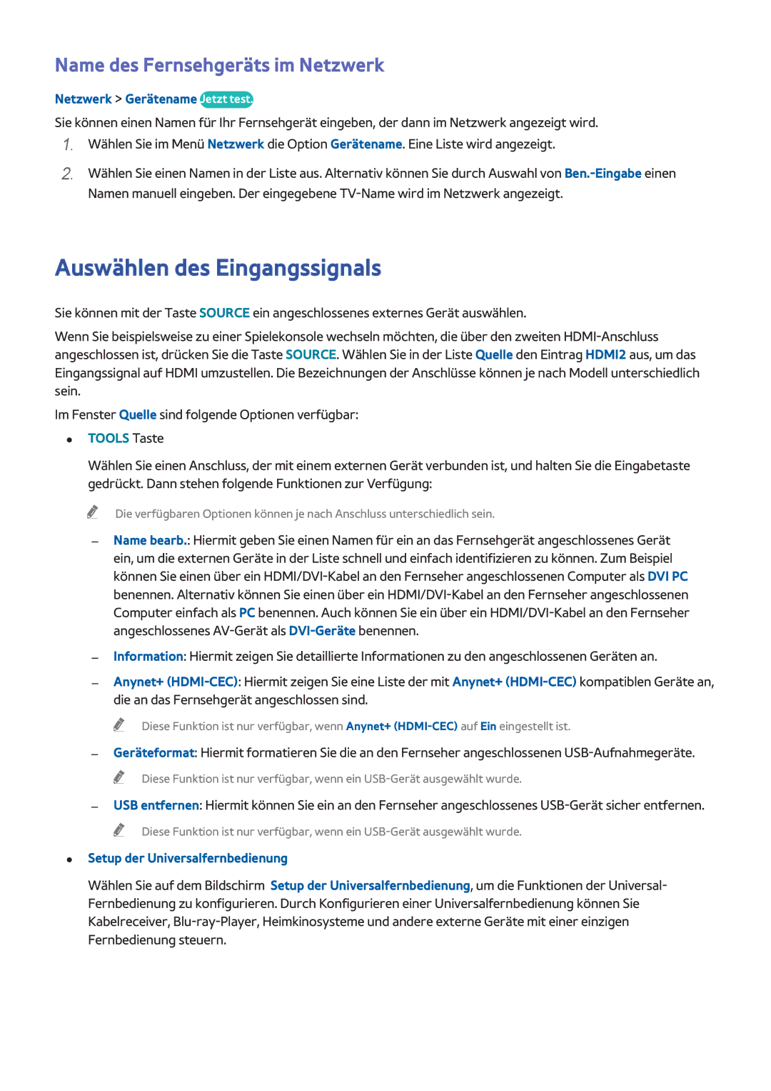 Samsung UE55H8000SLXZF Auswählen des Eingangssignals, Name des Fernsehgeräts im Netzwerk, Netzwerk Gerätename Jetzt test 