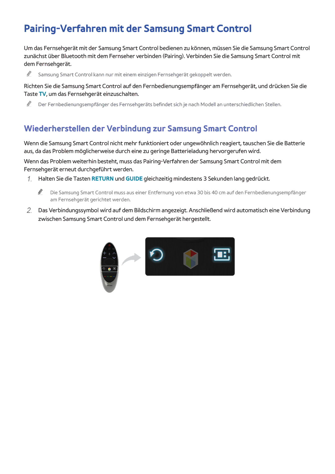 Samsung UE65H8000ALXTK, UE48H8090SVXZG, UE65H8080SQXZG, UE55H8000ALXTK manual Pairing-Verfahren mit der Samsung Smart Control 