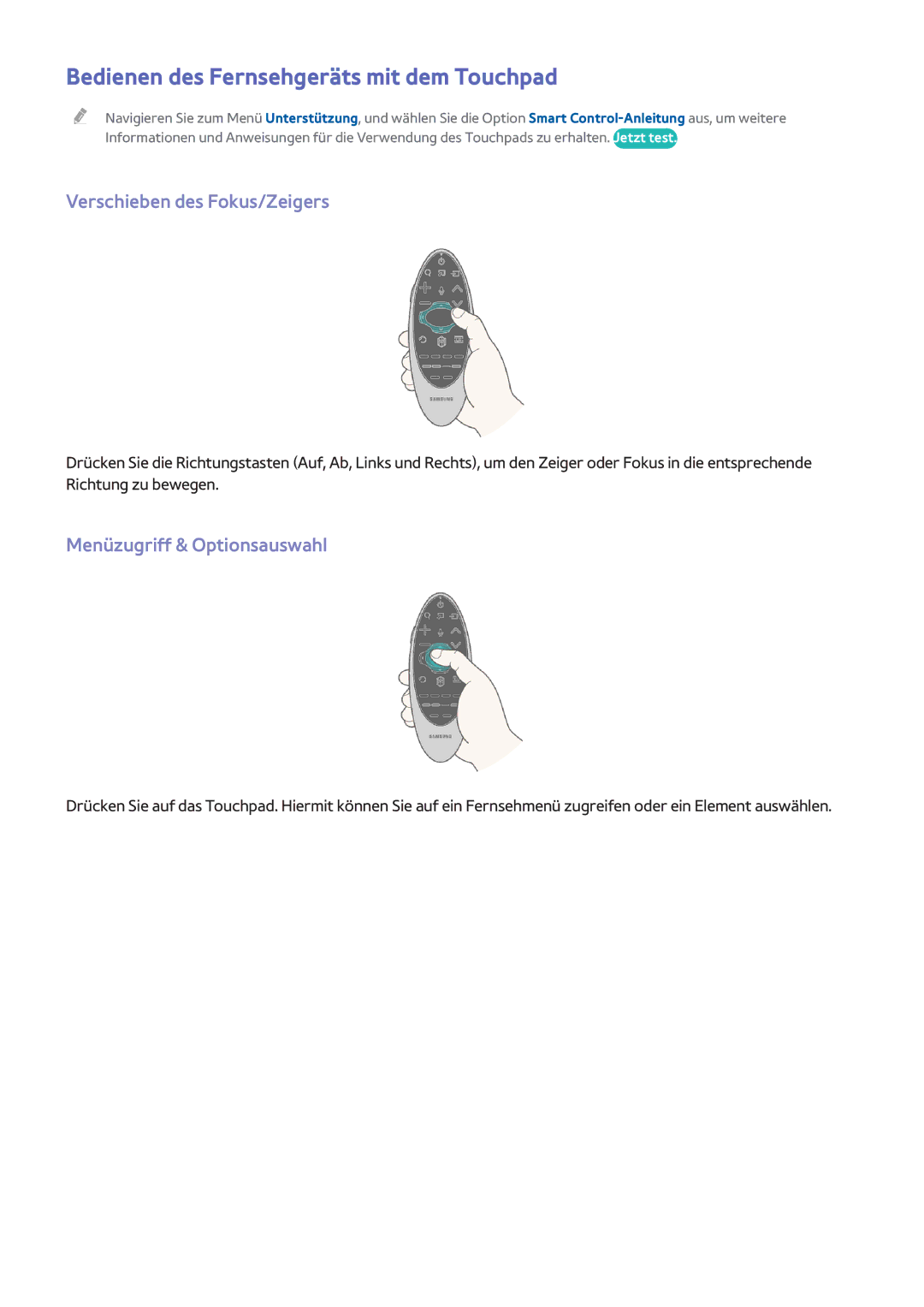 Samsung UE65H8000SLXXH, UE65H8000ALXTK manual Bedienen des Fernsehgeräts mit dem Touchpad, Verschieben des Fokus/Zeigers 