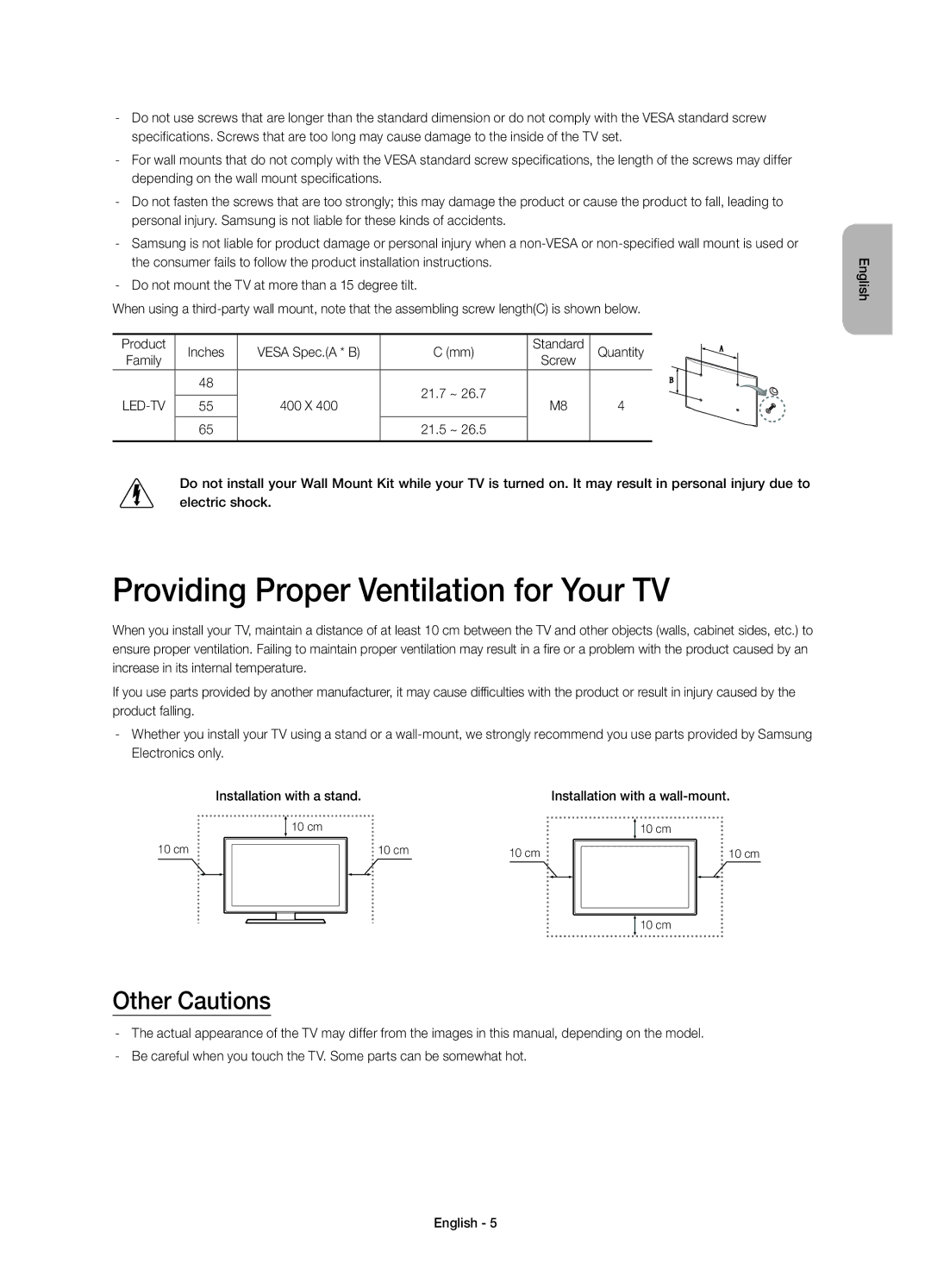 Samsung UE55H8000ATXUZ, UE65H8000ATXRU, UE48H8000ATXMS manual Providing Proper Ventilation for Your TV, Other Cautions 