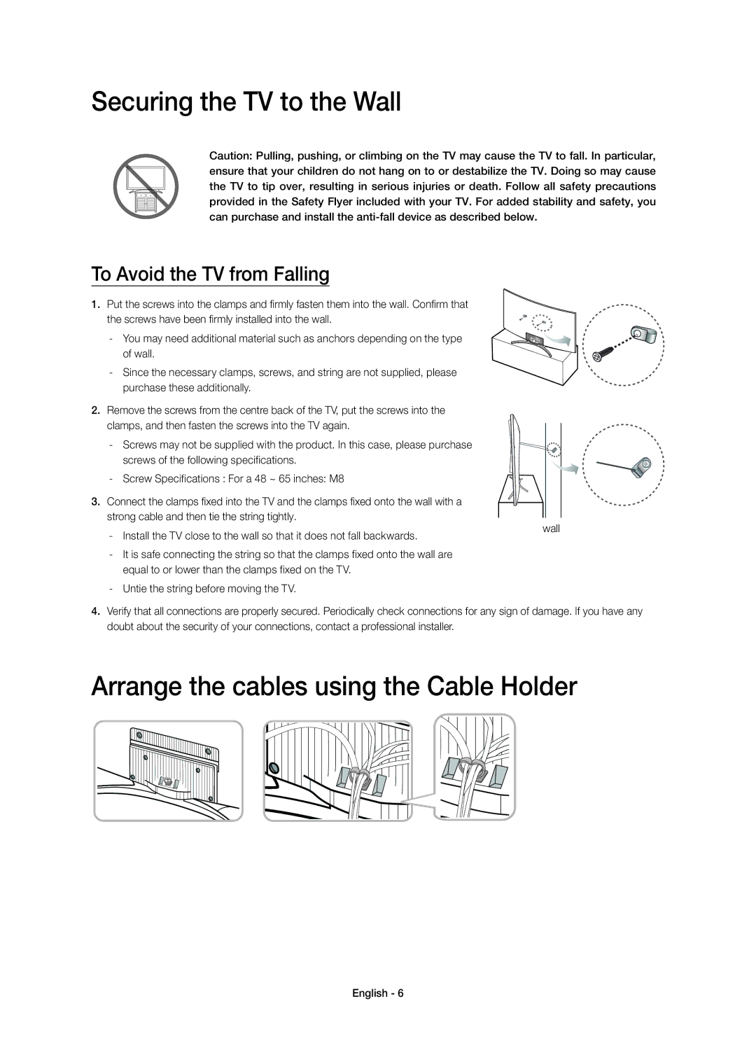 Samsung UE48H8000ATXMS, UE65H8000ATXRU manual Securing the TV to the Wall, Arrange the cables using the Cable Holder 