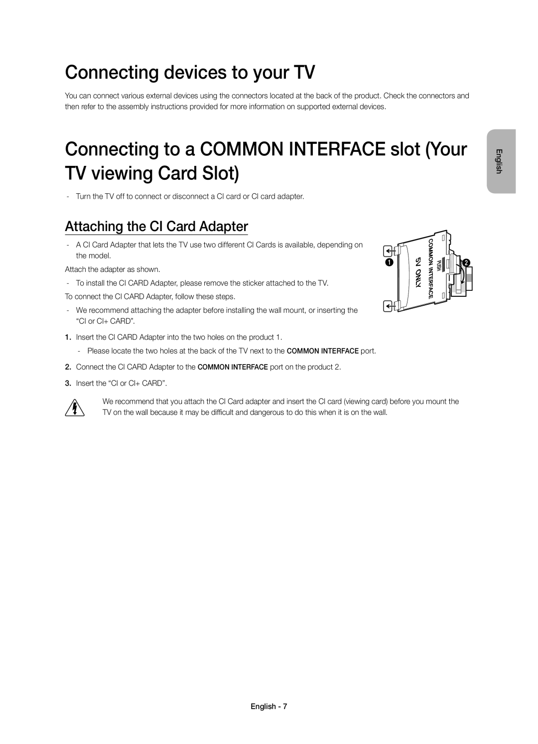 Samsung UE55H8000ATXMS, UE65H8000ATXRU, UE55H8000ATXUZ manual Connecting devices to your TV, Attaching the CI Card Adapter 