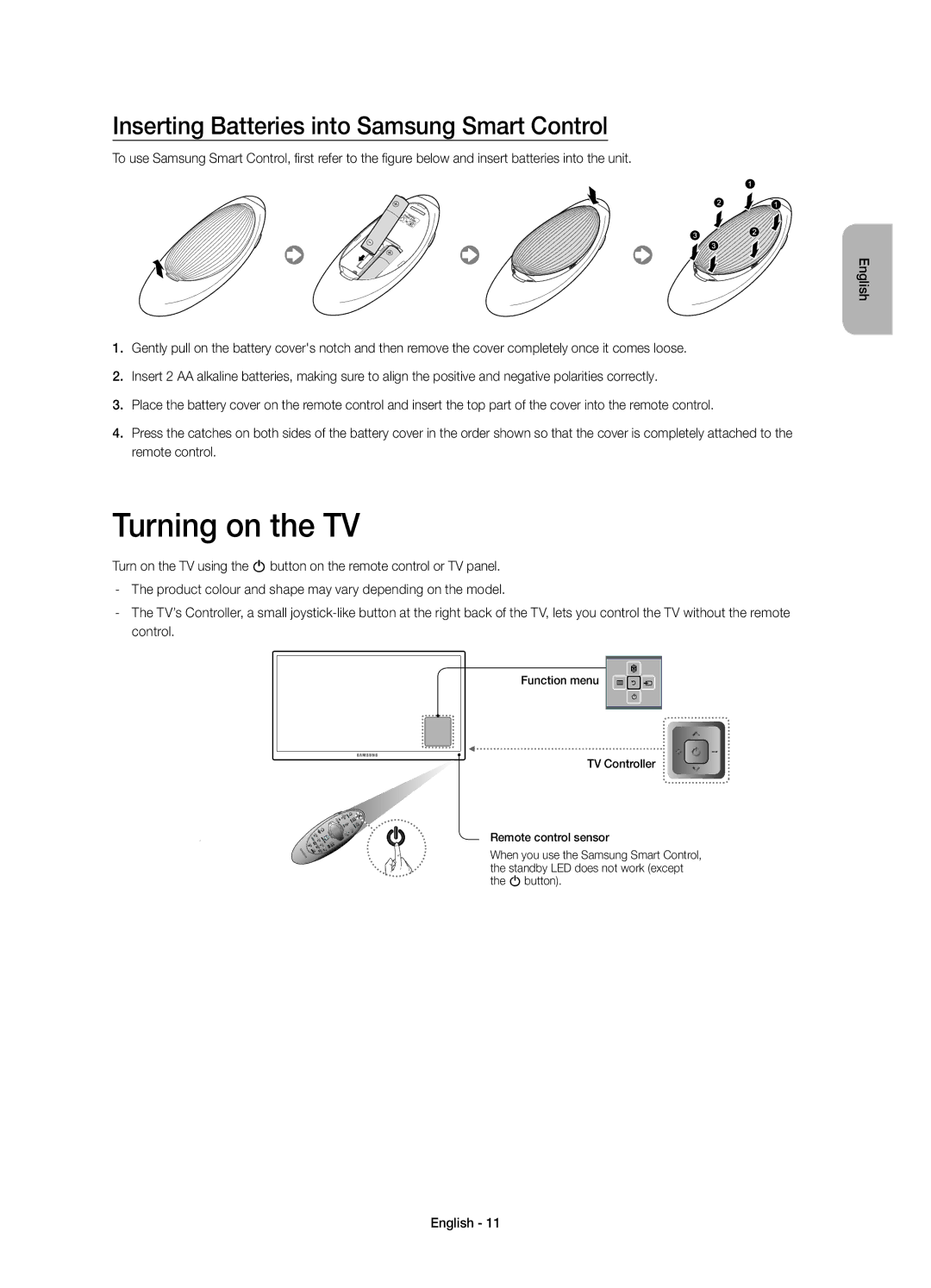 Samsung UE65H8000ATXUZ, UE65H8000ATXRU, UE55H8000ATXUZ Turning on the TV, Inserting Batteries into Samsung Smart Control 